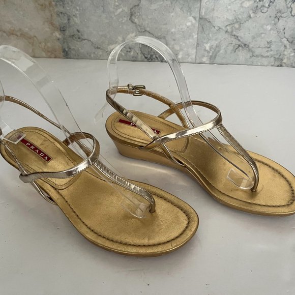 Gold Prada Wedge Platform Sandals